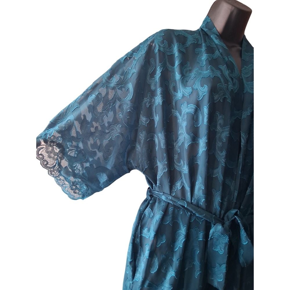 Fredericks of Hollywood Teal Sheer Mesh Lace Trim Robe Damask Scroll Vintage L‎ - Picture 8 of 12